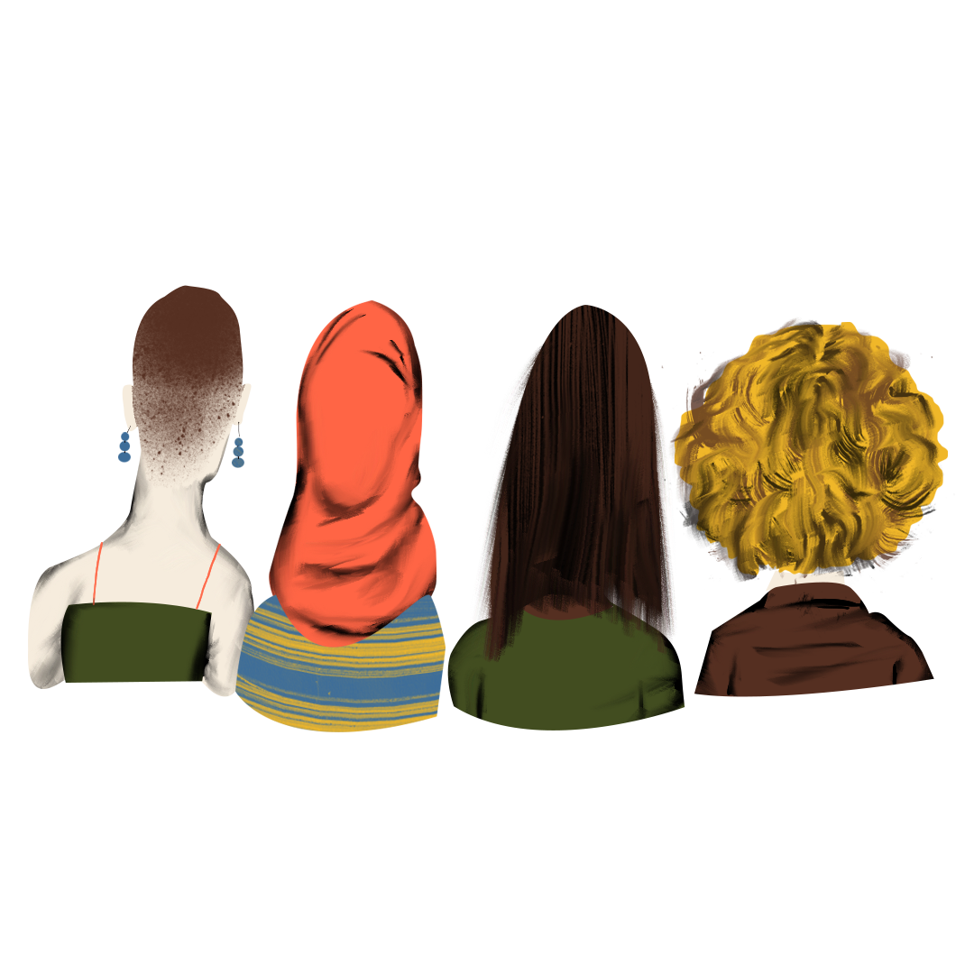 An illustration of 4 women with their backs to us. Each are unique and colourful