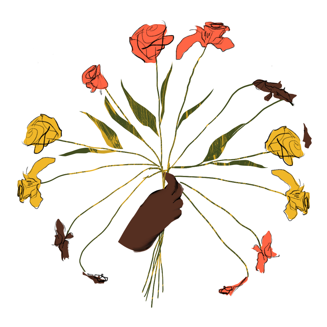 An illustration of a hand holding freshly cut flowers